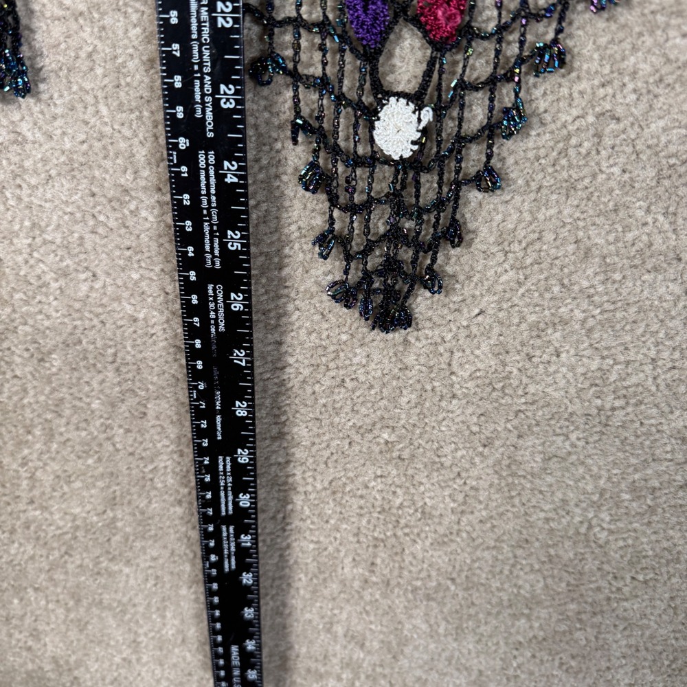 Artsy Crochet Shawl Women One Size Black Multi Color Beaded Fringe Boho Wrap - Picture 7 of 10